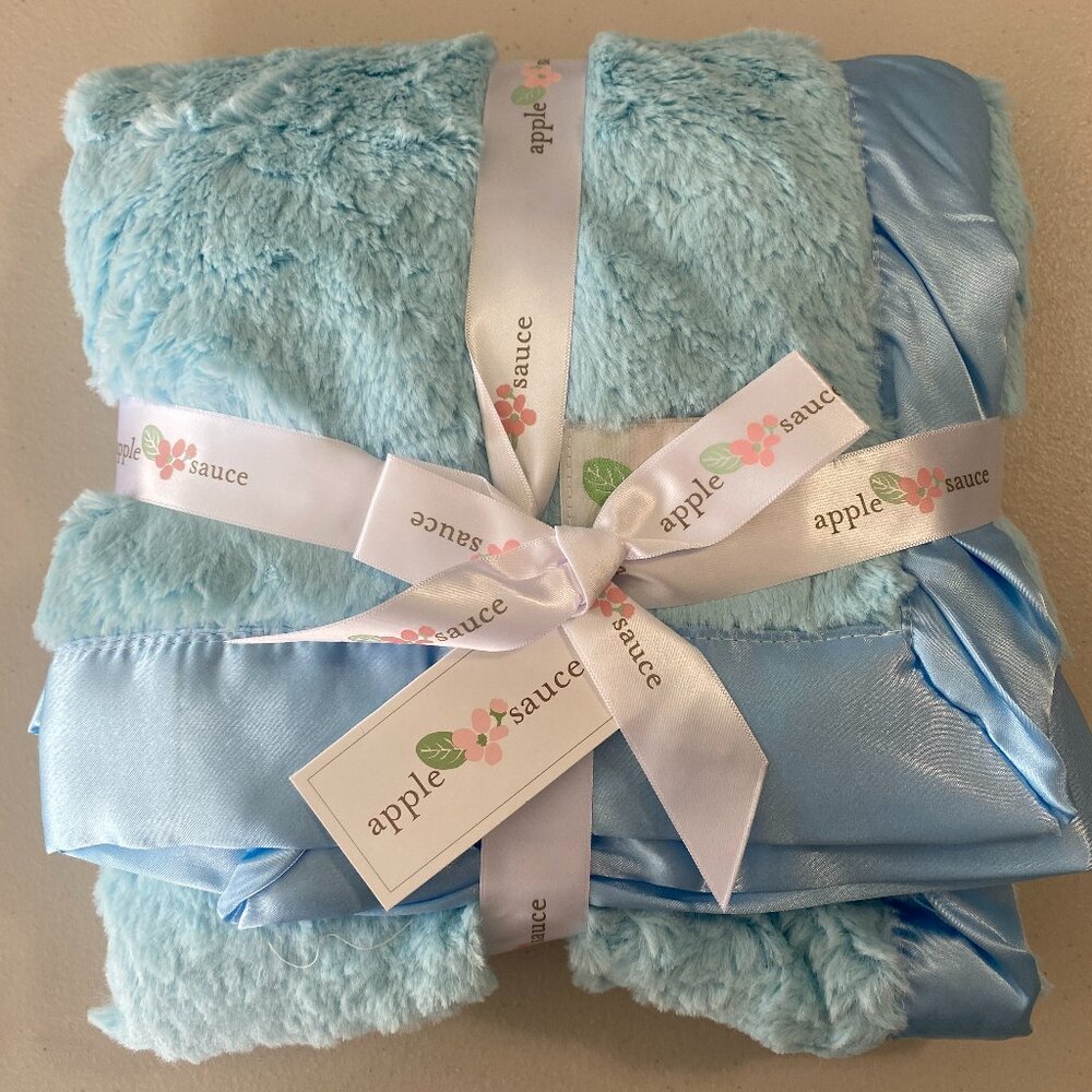 Blue Satin Trimmed Baby Blanket Blue 30" x 40" By Apple sauce - Picture 1 of 4